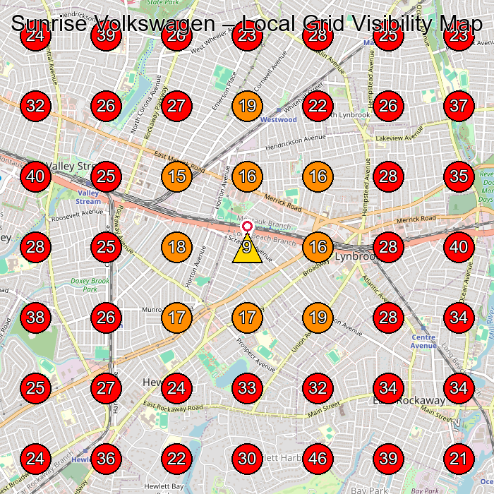 Sunrise Volkswagen GeoGrid visibility map for Used Car Dealer in Lynbrook